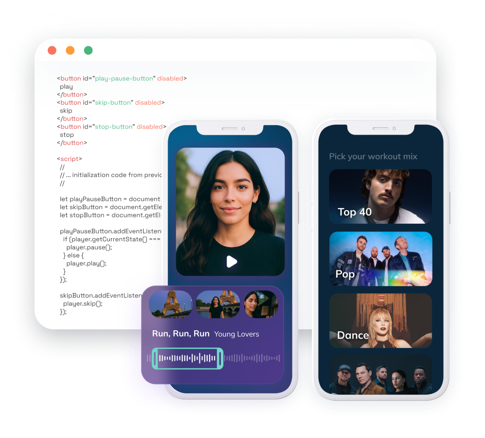 Music APIs for apps hero image showing music player code and ux examples