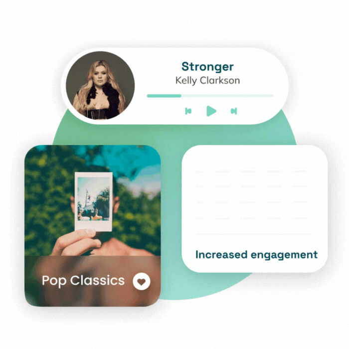 Feed.fm data-driven music strategy shows with pop classics music station, kelly clarkson song, and engagement chart