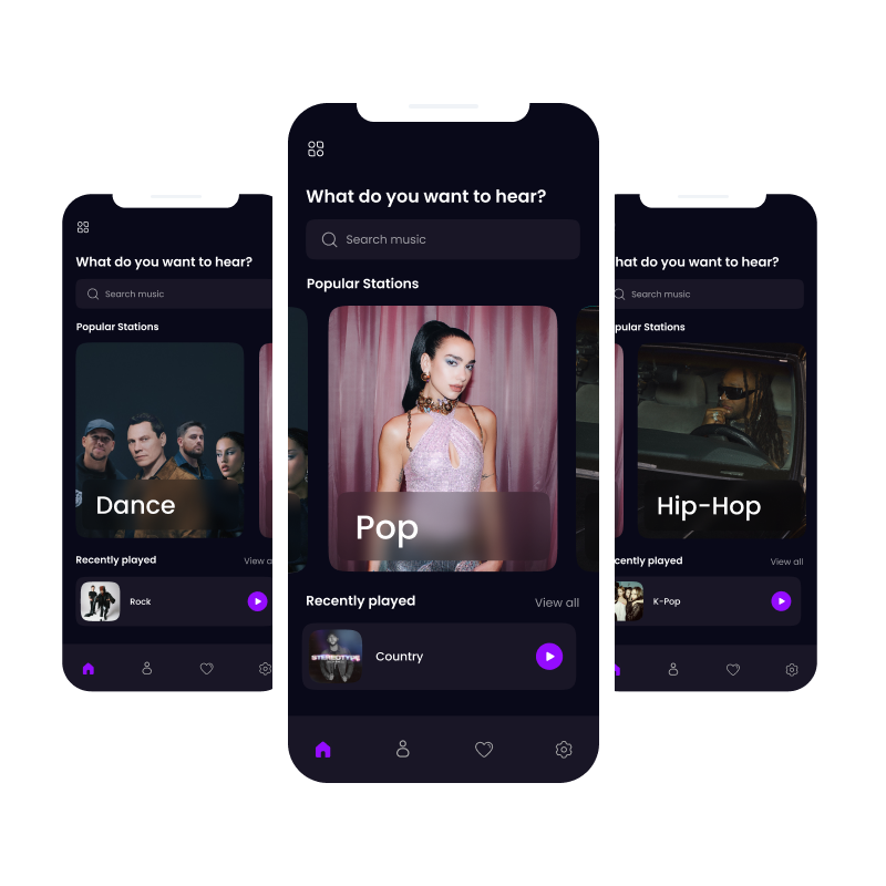 Feed.fm Major Label Music Stations being shown on music players on mobile devices