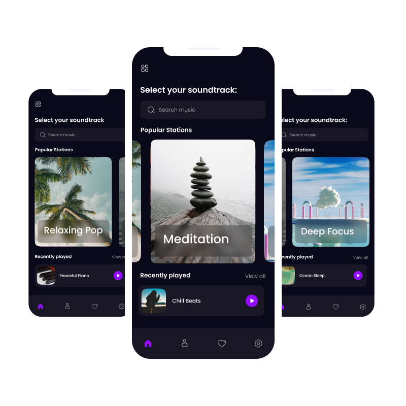 Phone screens showing Feed.fm Wellness Soundtrack mixes including meditation and deep focus