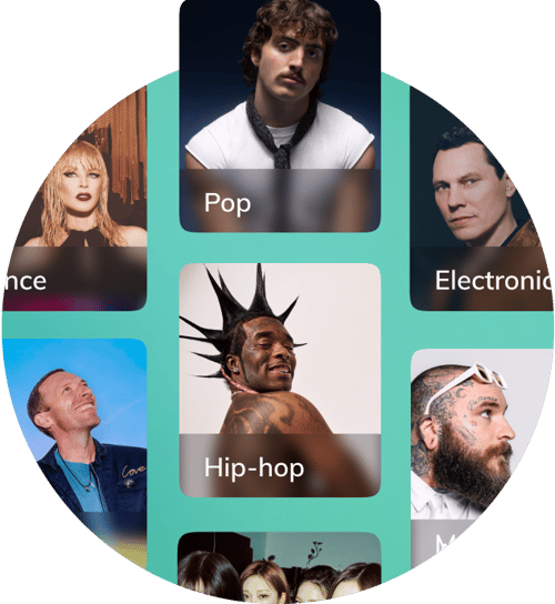 Radio genre hero circle with Benson Boone, Lil Uzi Vert, BlackPink, Teddy Swims, Tieto, Kylie Minogue, and Coldplay