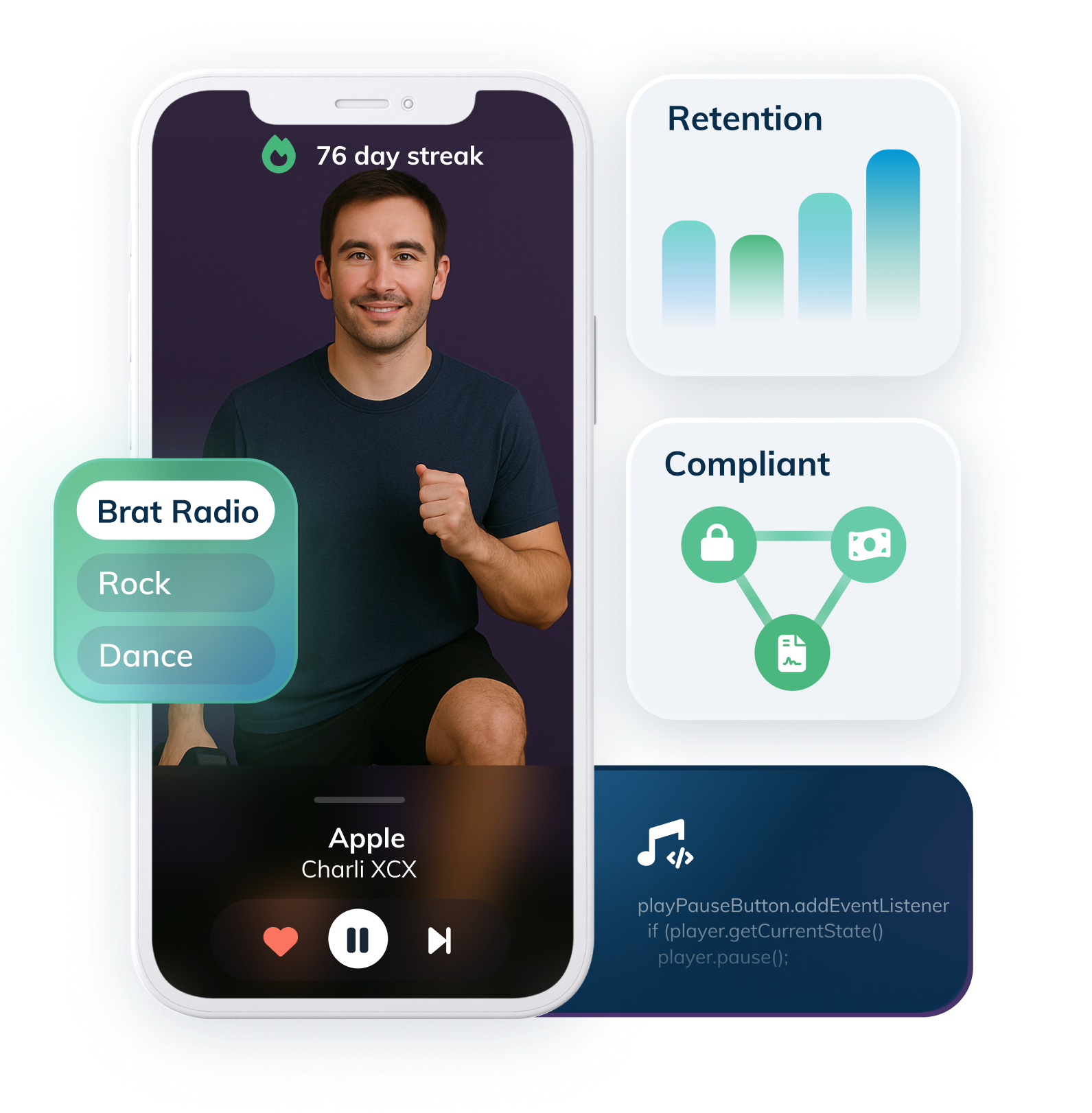 Feed Radio ux example with sample stations compliance and code snippet