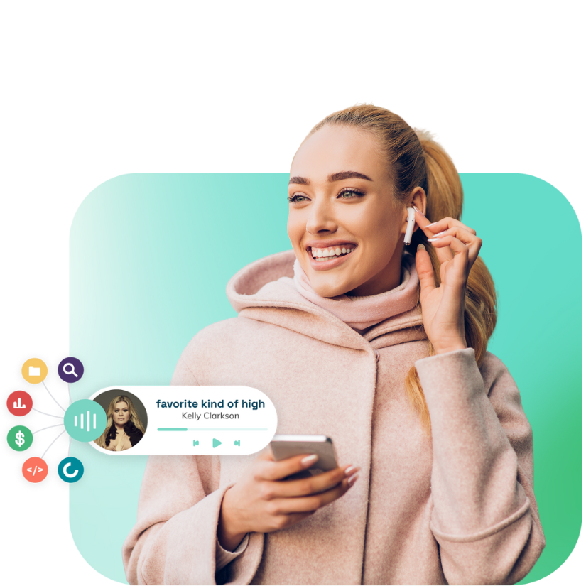 Woman listening to kelly clarkson in mobile app powered by a unified music system (1)