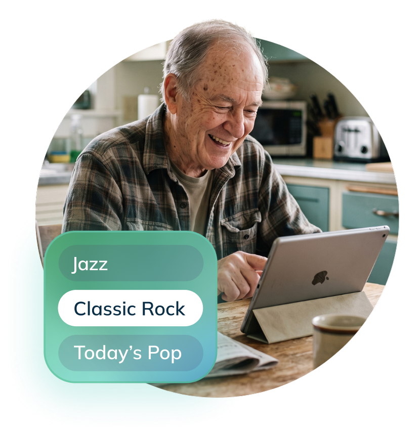 Older man at a kitchen table smiling while picking a music station on an iPad, with station options for Jazz, Classic Rock, and Today's Pop