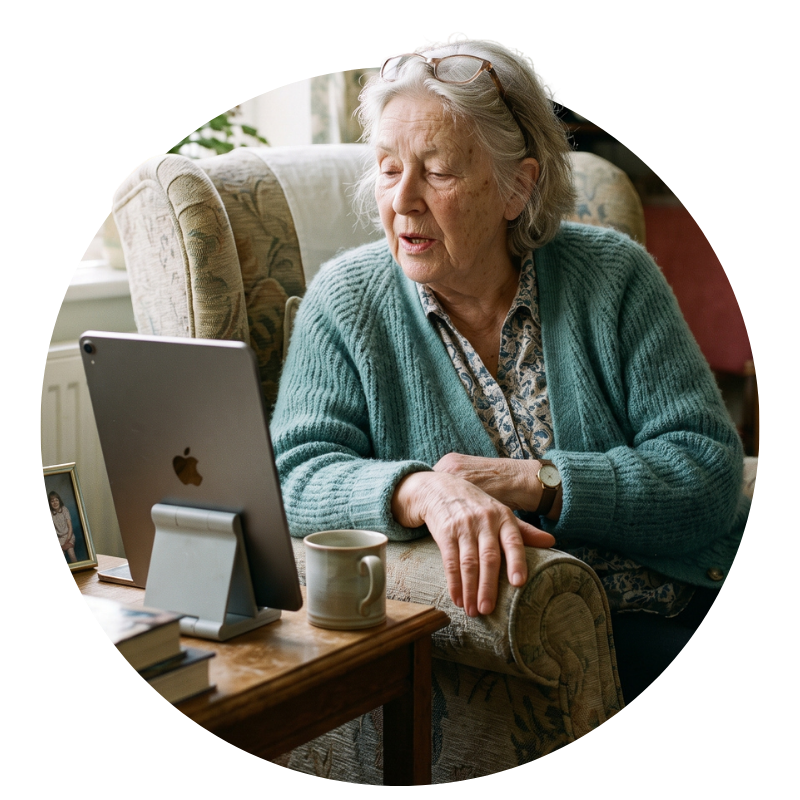 Older woman in a cardigan relaxing in an armchair while listening to music on an iPad