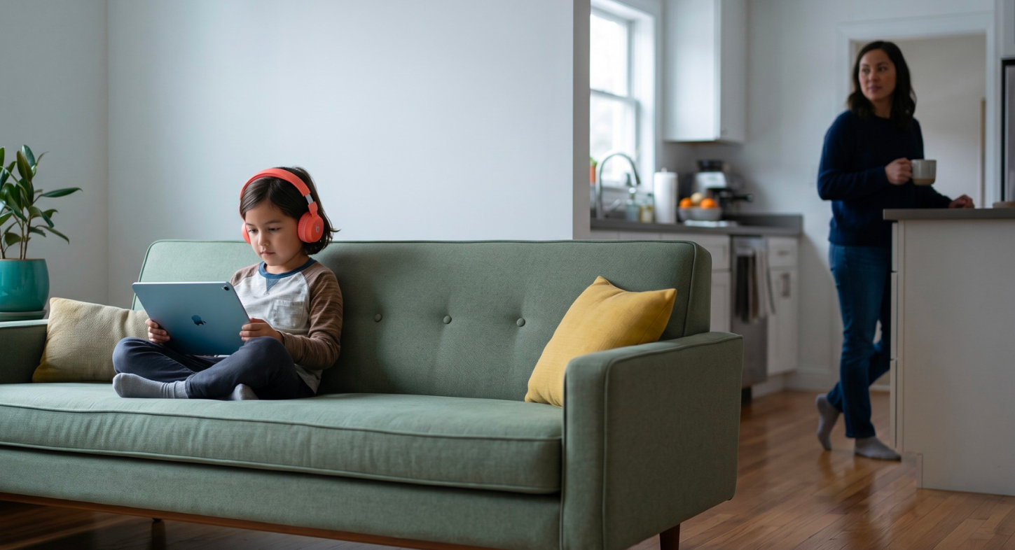 Child listens to music as parents looks from other room
