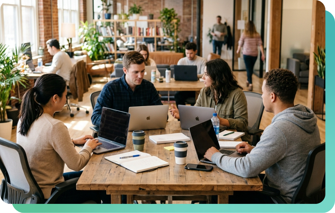 Product team planning an app's music features around a table