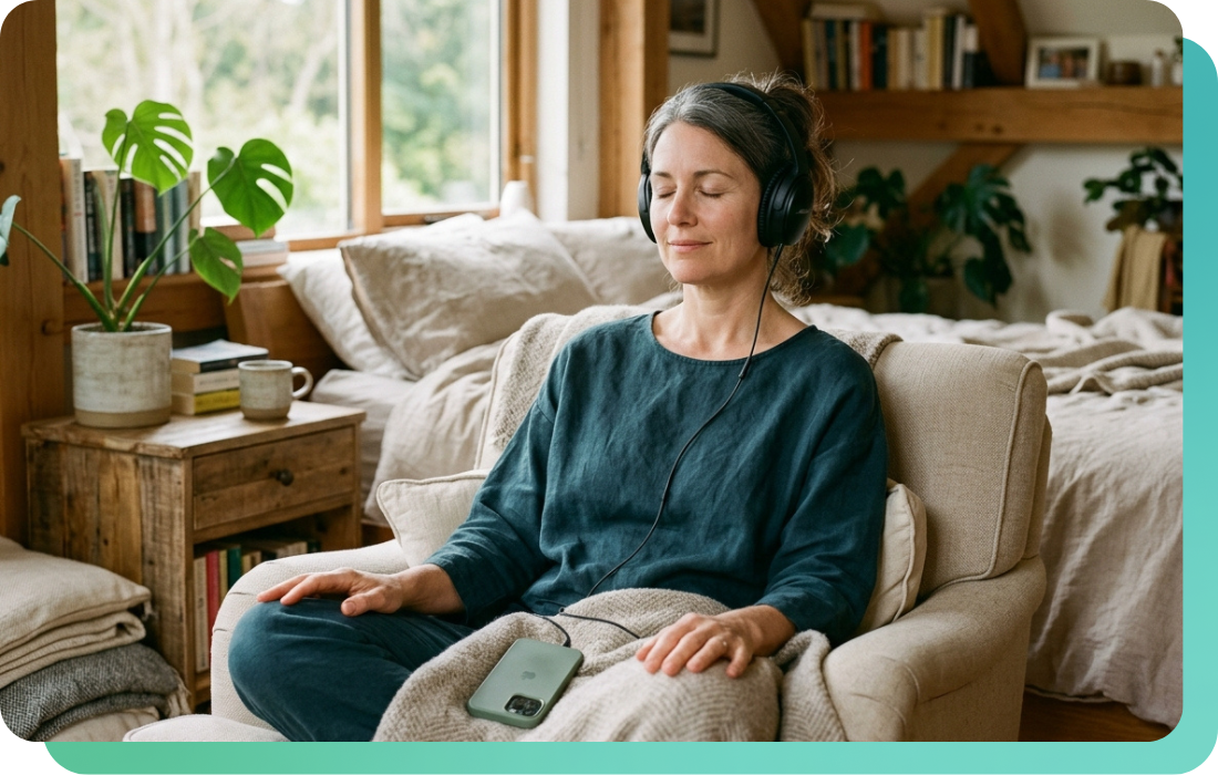 Woman listening closely to a familiar song on headphones at home
