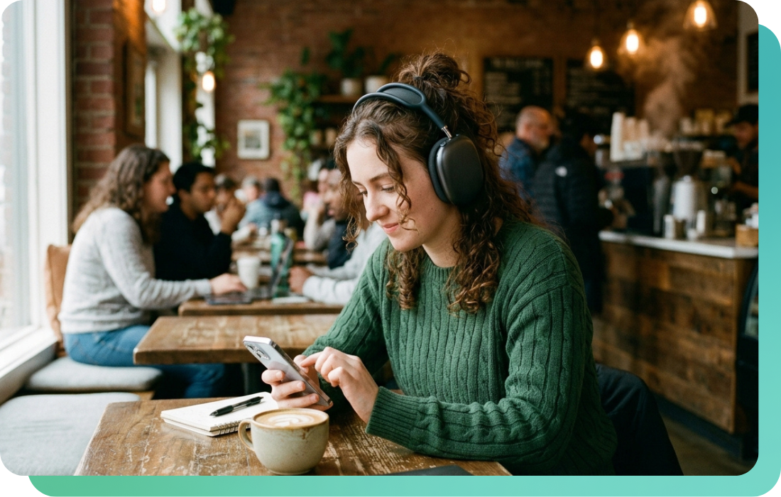Woman listening to a personalized playlist on headphones in a cafe