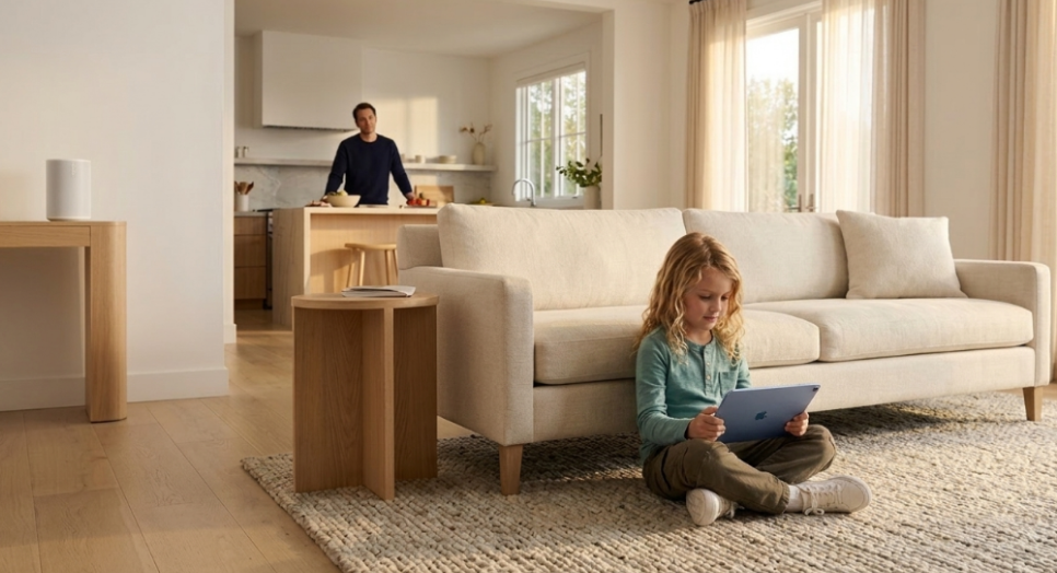 Child holding ipad listening to family friendly music in smart speaker parent in the background