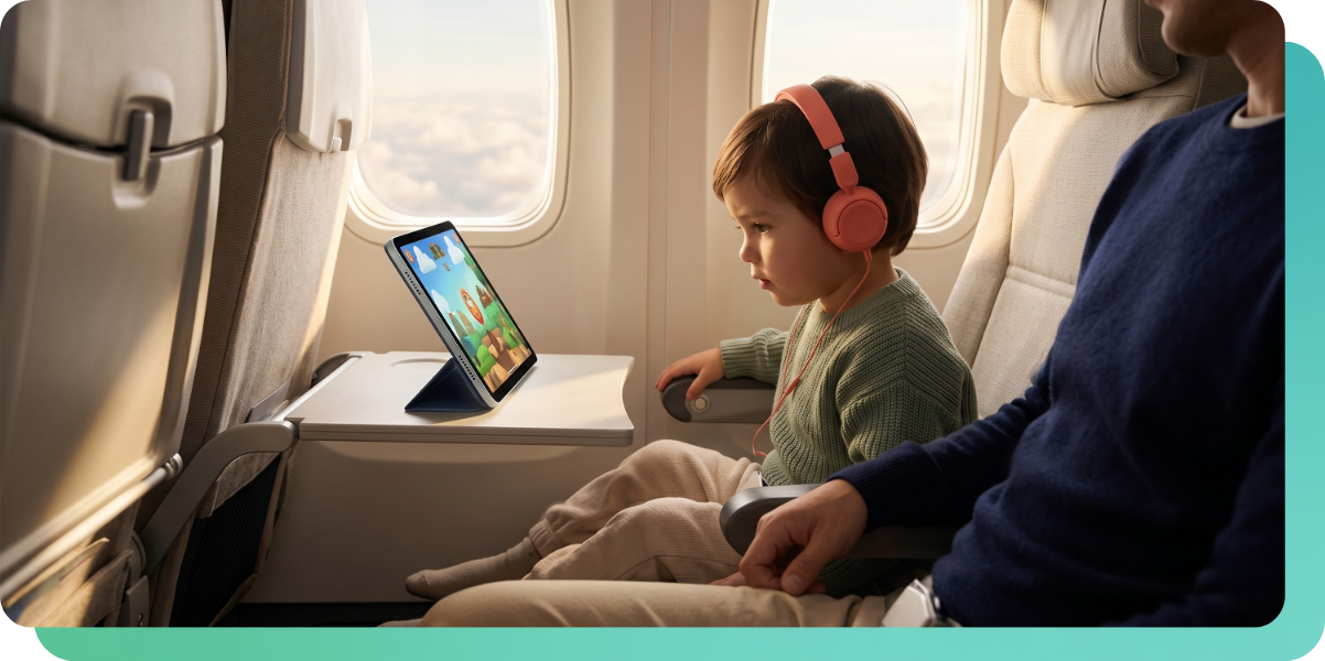 Child watching a show on a long flight