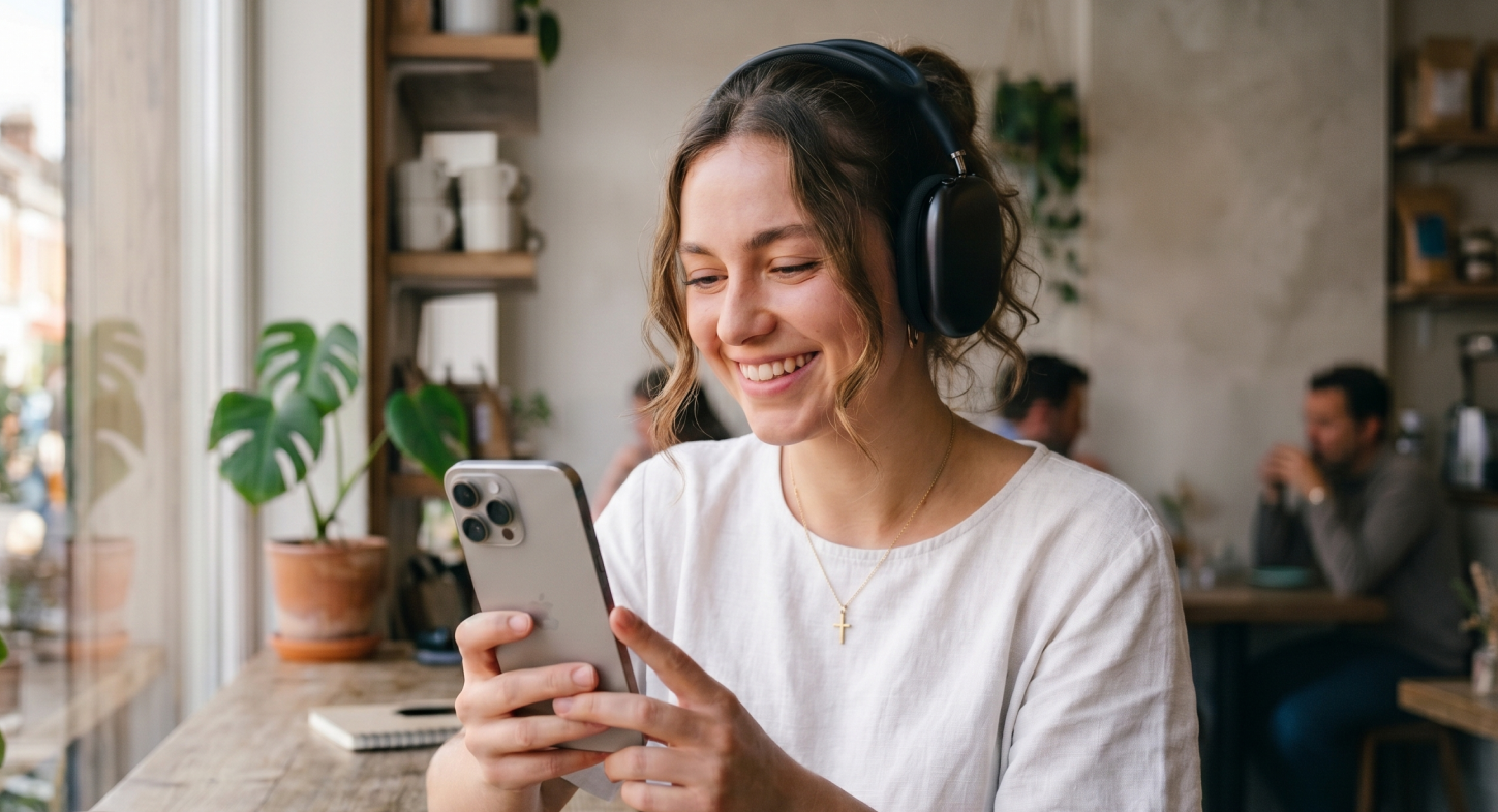 Woman listens to christian music with headphones