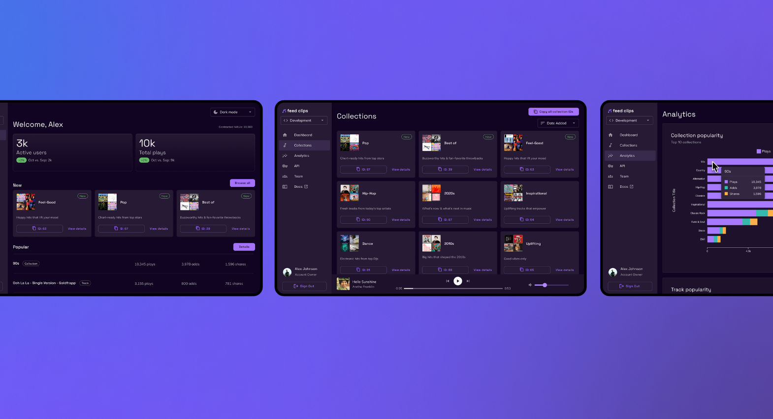 Feed Clips Studio control center screenshots showing music clip collections and analytics for apps