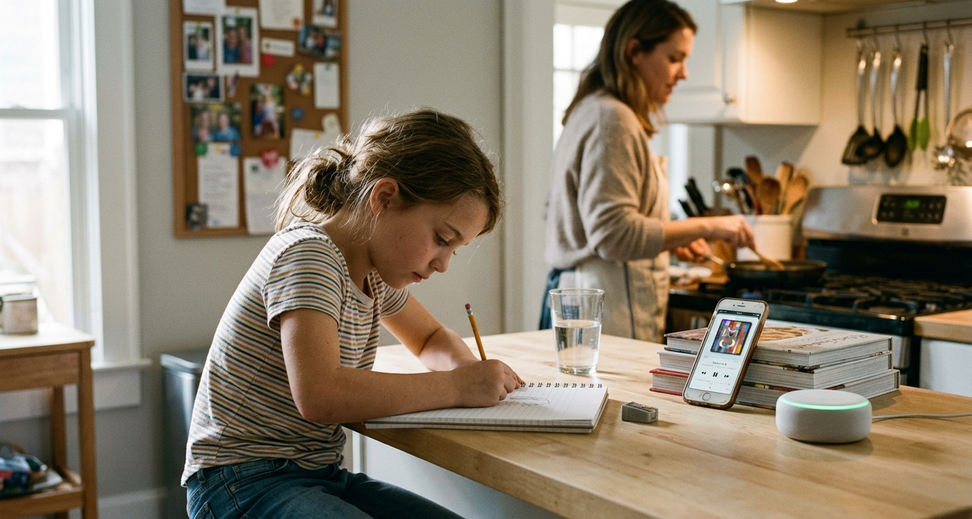 child listening to music while parent prepares dinner