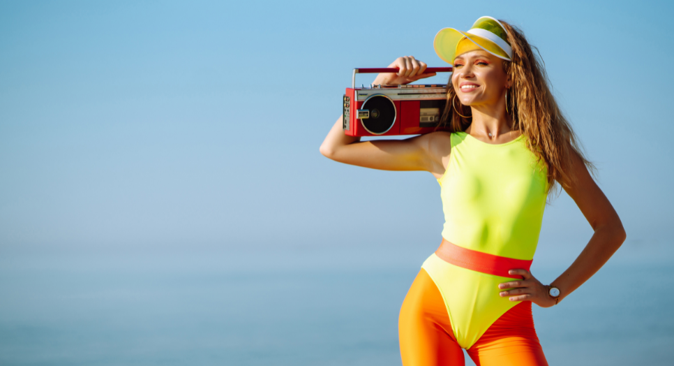 80s woman listening to boombox and Feed.fm music